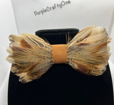 Handmade men’s boy groomsmen groom woodland hunter rustic designer accessory sportsman unique father natural feather bow tie gift - image1